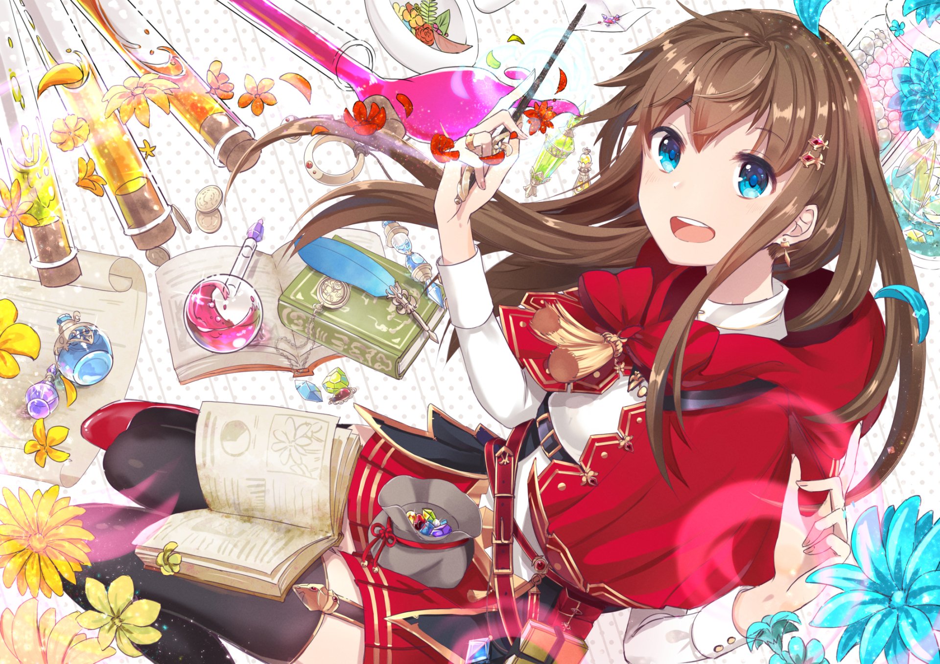 HD anime wallpaper featuring an original character with long brown hair, bright blue eyes, and a red outfit, surrounded by books, flowers, and magical items.