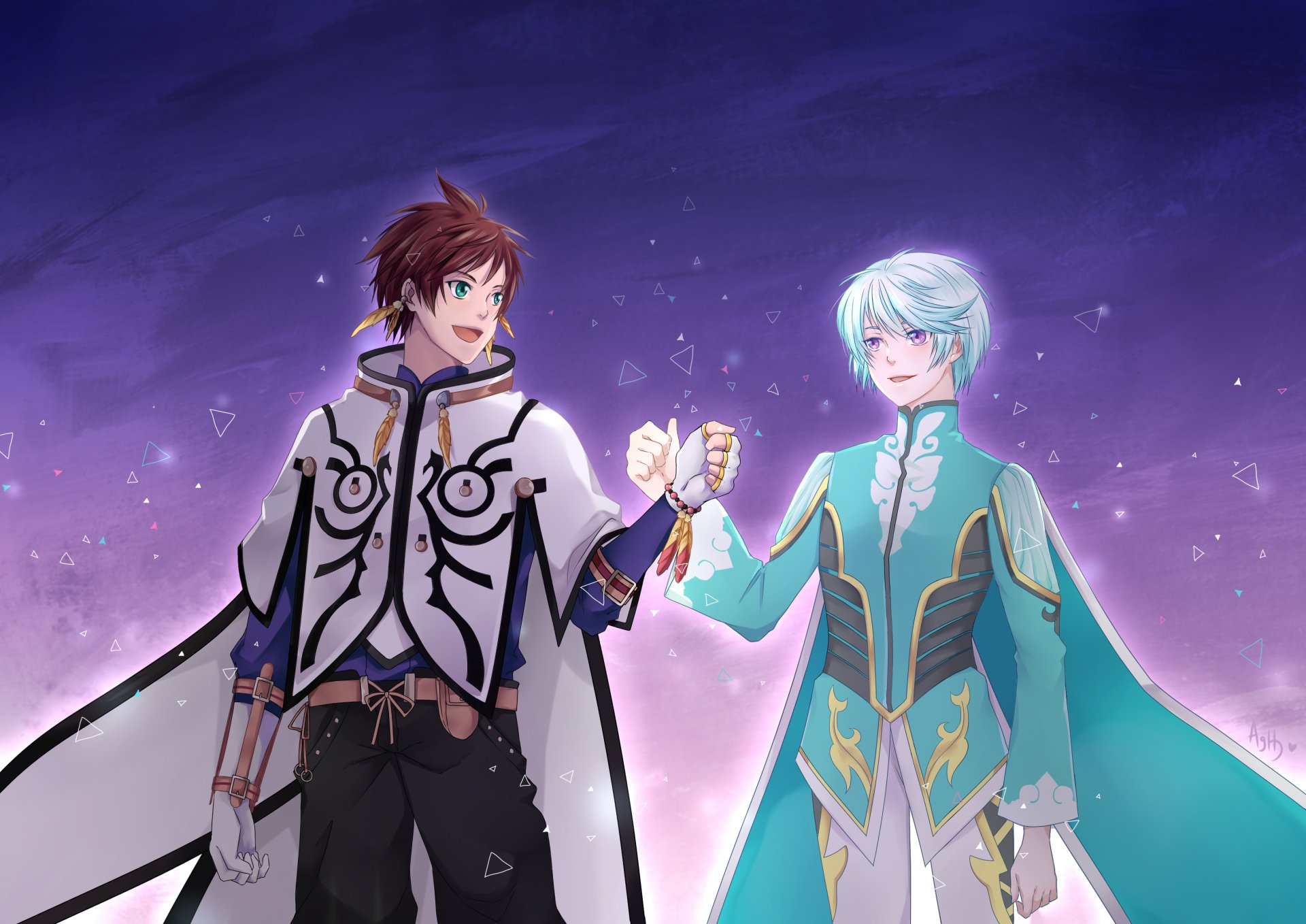 Anime-style HD desktop wallpaper from Tales of Zestiria the X, featuring two characters in detailed fantasy outfits against a glowing purple background.