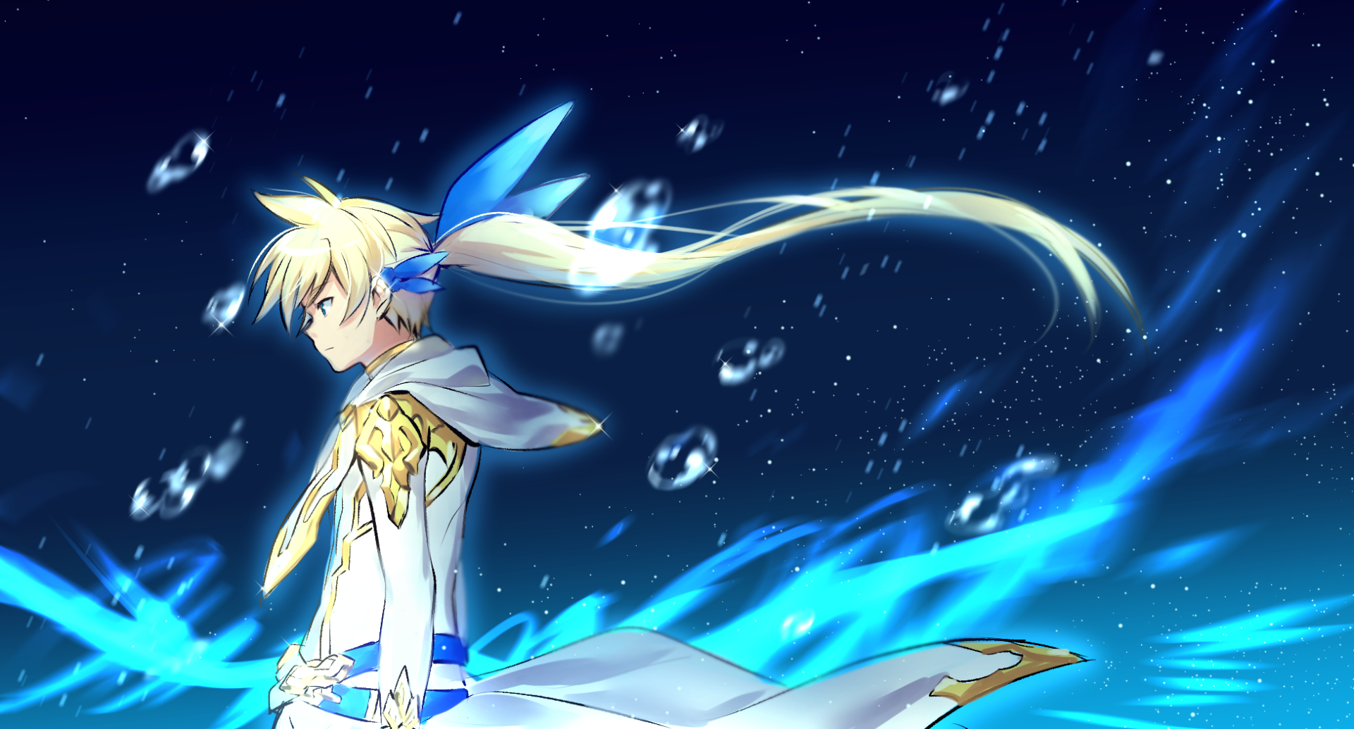 Anime HD desktop wallpaper from Tales of Zestiria the X featuring a blonde character with flowing hair and ethereal blue energy against a starry night sky.