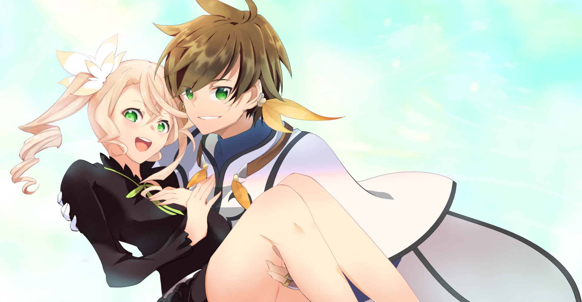 HD PC desktop wallpaper featuring anime characters from Tales of Zestiria the X with bright colors and dynamic poses against a soft sky background.