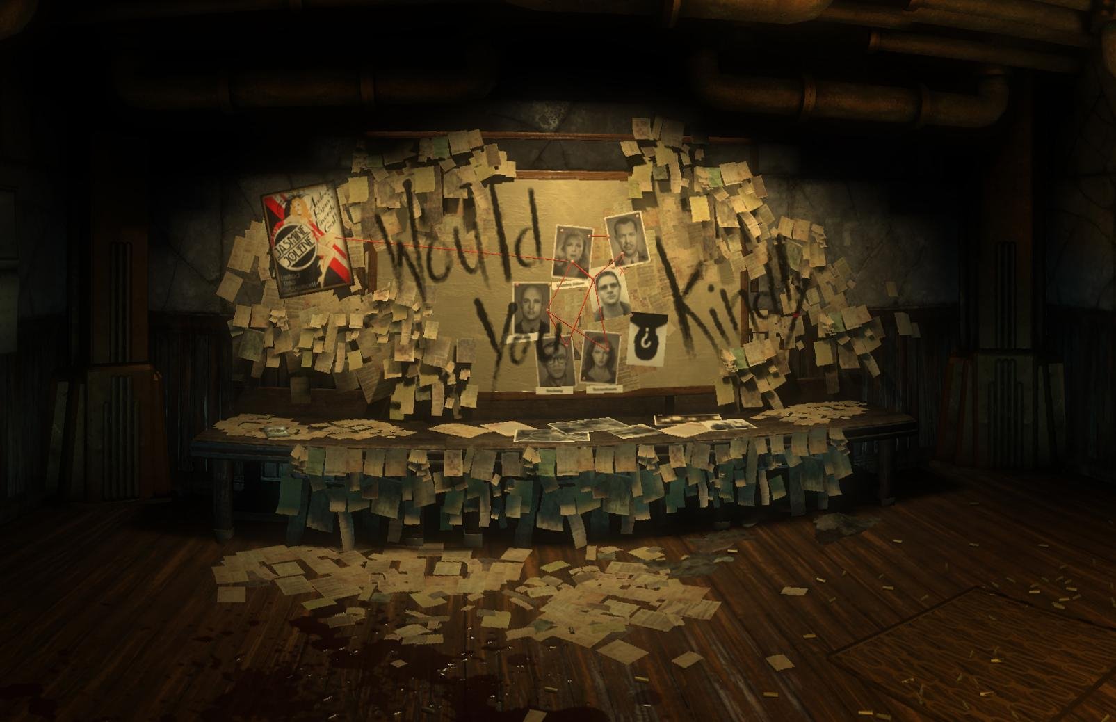 A haunting HD wallpaper from the video game Bioshock, featuring a dimly lit room filled with photos and notes, prominently displaying the question, Would you kill?