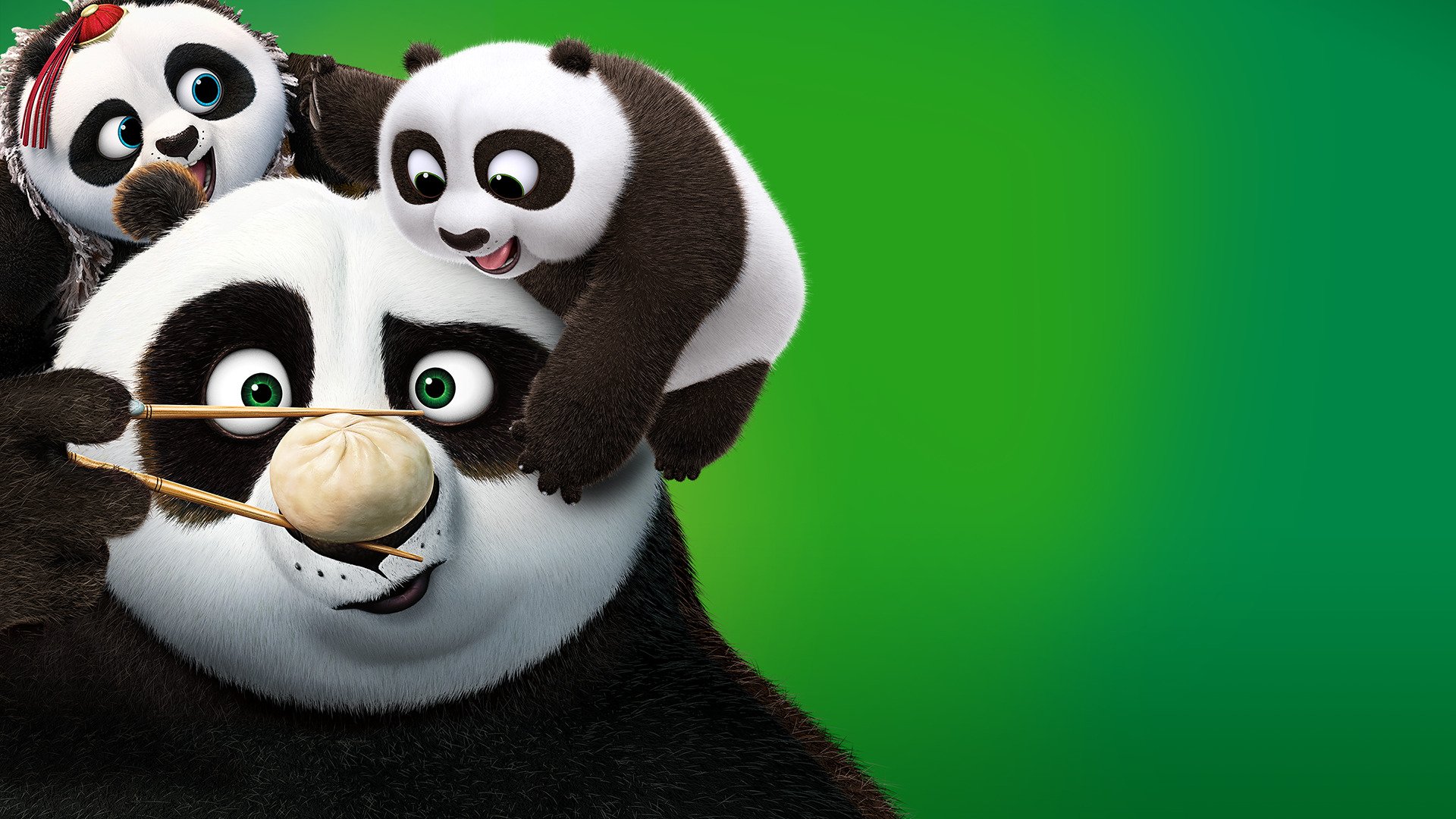 HD desktop wallpaper from the movie Kung Fu Panda 3 features Po with two playful panda cubs against a vibrant green background.