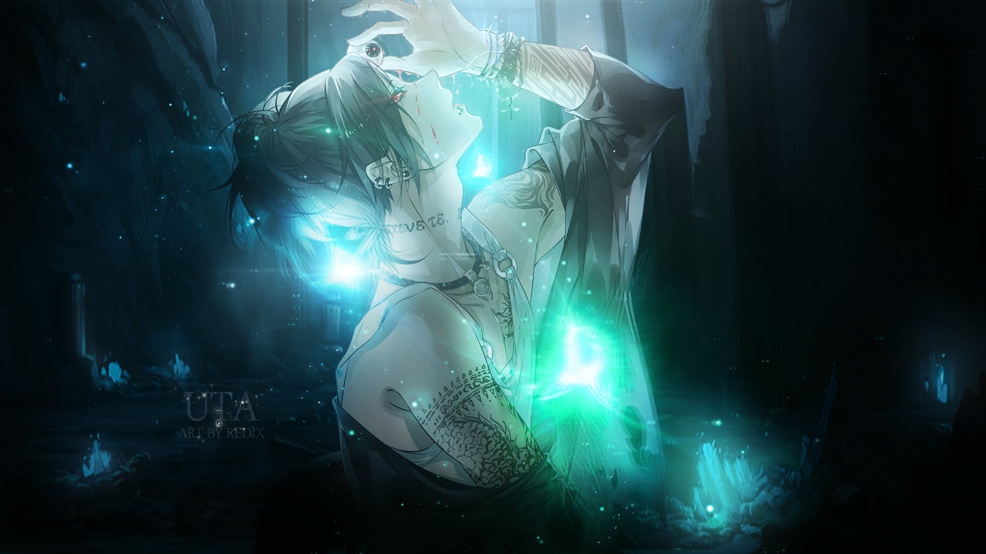 HD wallpaper of Uta from Tokyo Ghoul, featuring a dark, mystical background with glowing elements.