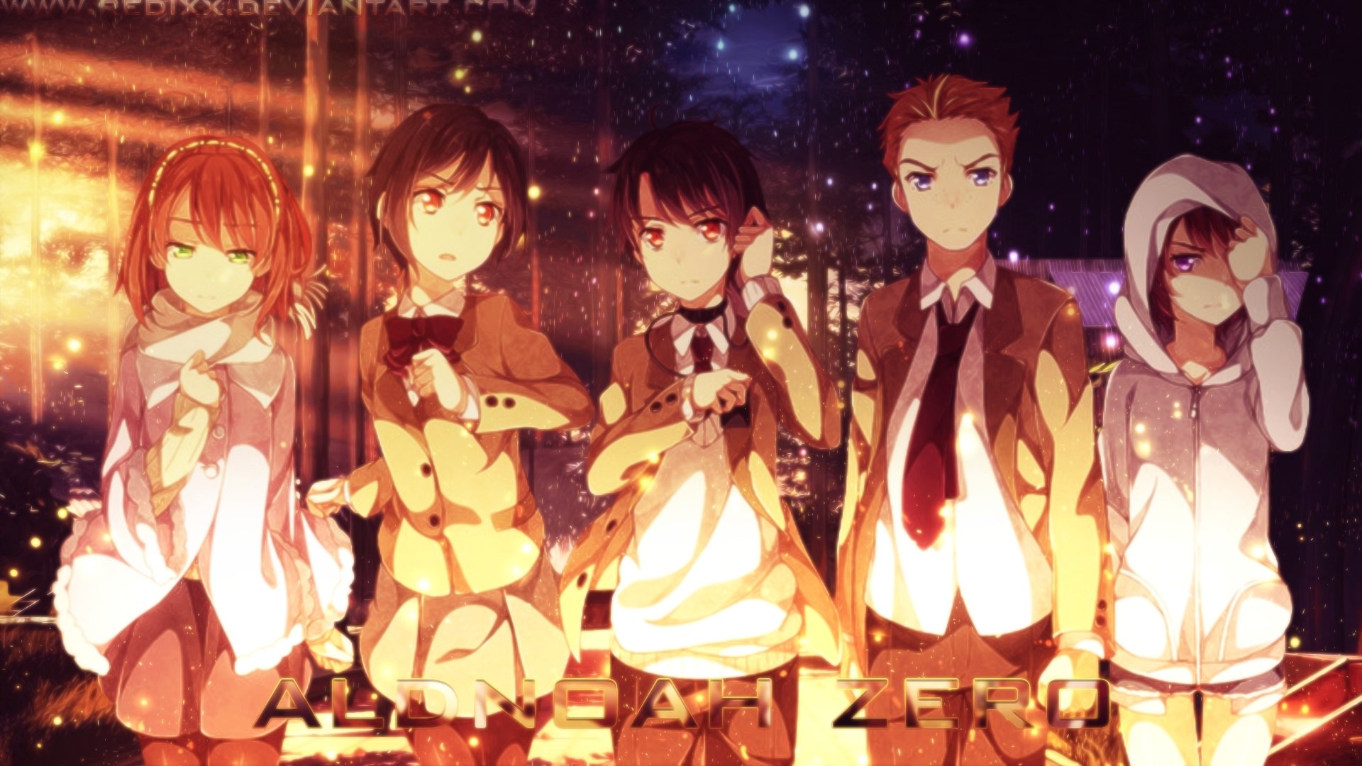 HD anime desktop wallpaper featuring characters from Aldnoah.Zero standing together with a glowing, warm background under a starry night sky.