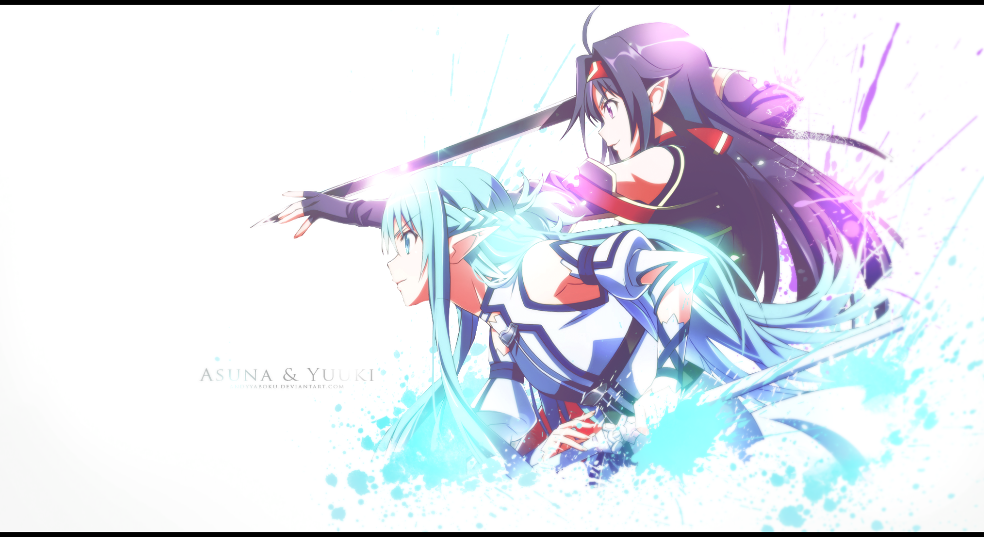 Anime HD PC desktop wallpaper featuring Asuna and Yuuki from Sword Art Online II in dynamic battle poses with glowing effects.