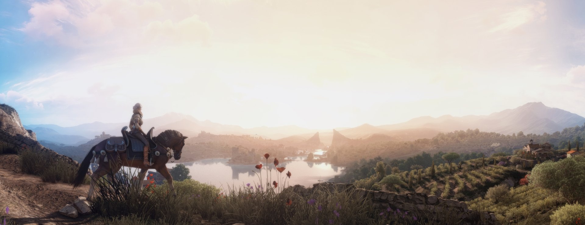 HD desktop wallpaper featuring Ciri from The Witcher 3: Wild Hunt, set in a breathtaking meadow at sunrise, with a serene landscape of rolling hills and a tranquil lake in the background.