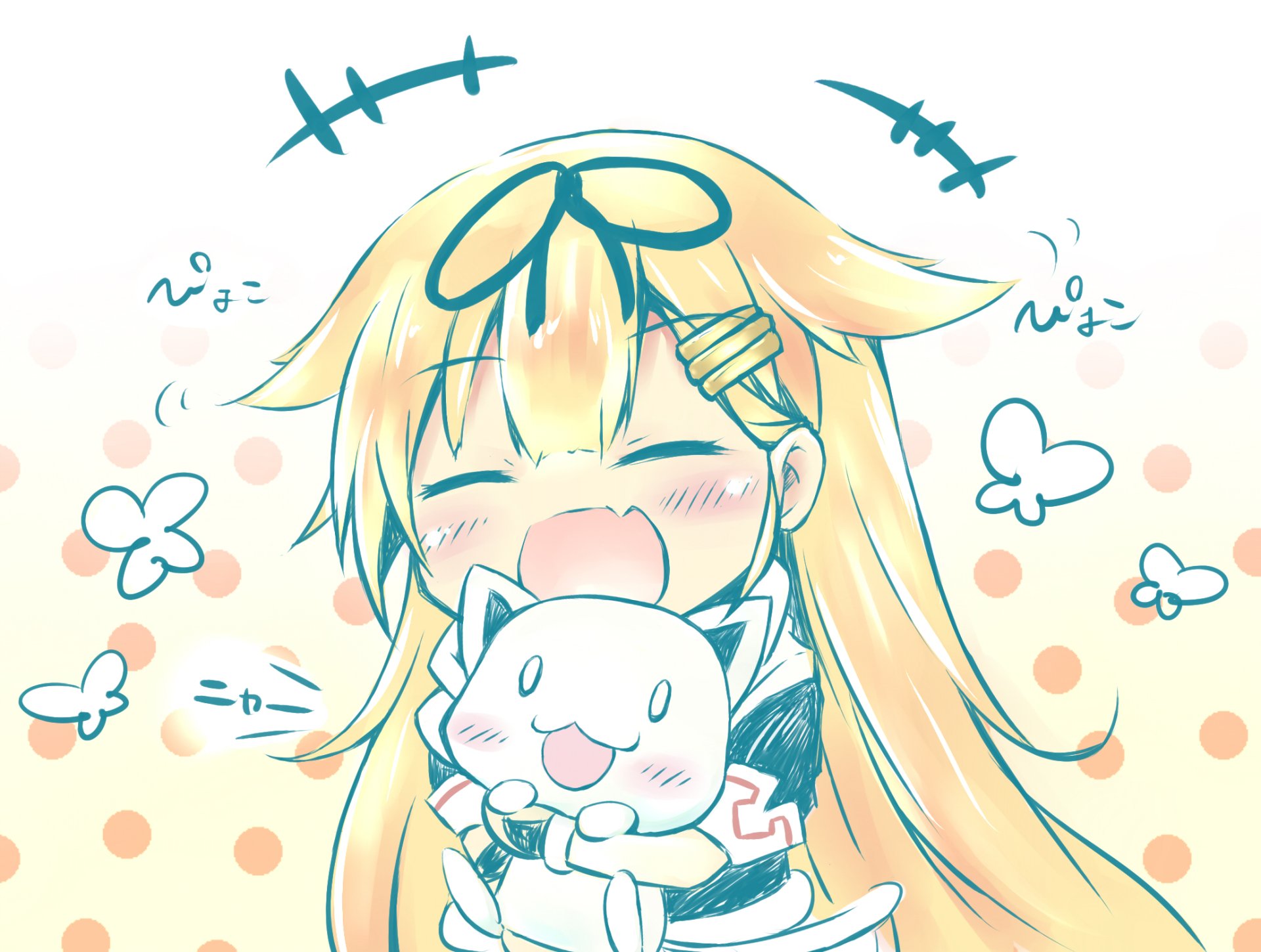HD desktop wallpaper of Yuudachi from Kantai Collection, featuring an animated blonde girl with long hair and blush, cuddling a smiling cat. The background has a polka dot pattern with flying butterflies.