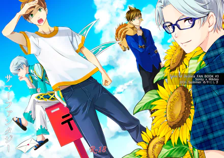 HD PC desktop wallpaper from the anime Tales of Zestiria the X showing four young men in summer clothes, sunflowers and a bright blue sky—crisp, colorful background art.