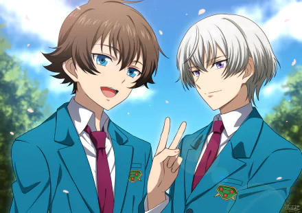 Anime HD PC desktop wallpaper from Valvrave the Liberator: two male students in teal uniforms, one flashing a peace sign under a sunny blue sky.