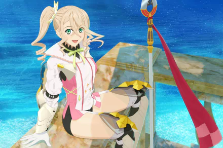 Anime, Tales of Zestiria the X — blonde heroine in white and pink sits on a stone pier by turquoise sea with her spear; 2K Quad HD PC desktop wallpaper and background.