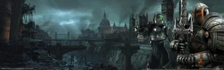 Dark, apocalyptic London skyline with St. Paul's and bridges under stormy skies, armored demon hunter in foreground — Hellgate London video game HD PC desktop wallpaper.