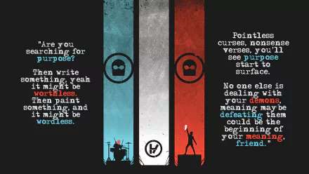 HD desktop wallpaper featuring the Twenty One Pilots band logo with inspirational quotes on a grungy tri-color background.
