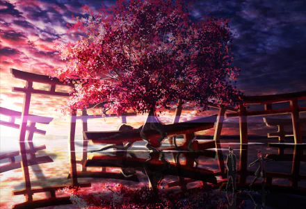 A serene anime wallpaper featuring a vibrant sakura tree near a temple, set against a dramatic sky with clouds, reflecting on tranquil waters.