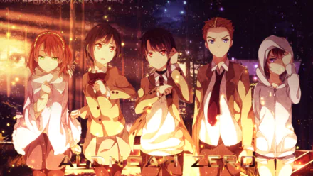 HD anime desktop wallpaper featuring characters from Aldnoah.Zero standing together with a glowing, warm background under a starry night sky.