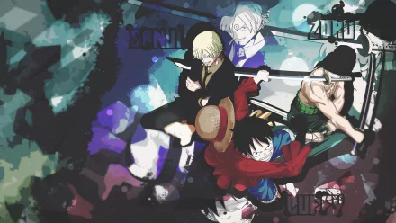 HD desktop wallpaper featuring One Piece anime characters Roronoa Zoro, Sanji, and Monkey D. Luffy in an action-packed scene.