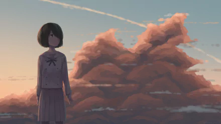 HD anime desktop wallpaper featuring Jun Naruse from The Anthem of the Heart standing against a dramatic sky with large, warm-colored clouds at sunset.