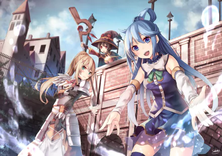 HD desktop wallpaper featuring characters Megumin, Darkness, and Aqua from the anime KonoSuba - God’s Blessing on This Wonderful World!, set against a detailed background with vibrant colors.