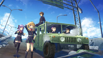 HD desktop wallpaper featuring characters Yoichi Saotome, Mitsuba Sangū, Makoto Narumi, Shihō Kimizuki, Yūichirō Hyakuya, and Shinoa Hīragi from the anime Seraph of the End, in a post-apocalyptic setting.