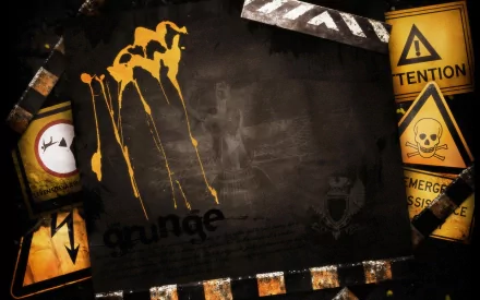 A textured, abstract HD desktop wallpaper featuring various caution signs, grunge elements, and splashes of yellow paint.