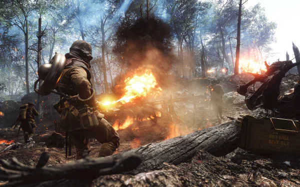 A soldier uses a flamethrower amidst a chaotic, blazing battlefield in Battlefield 1, with intense fire and smoke filling the air in this HD desktop wallpaper and background.