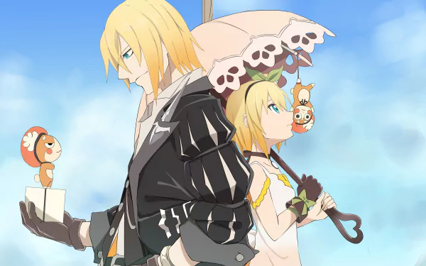 4K Ultra HD anime wallpaper from Tales of Zestiria the X, featuring two characters back-to-back with playful creatures against a bright blue sky background.