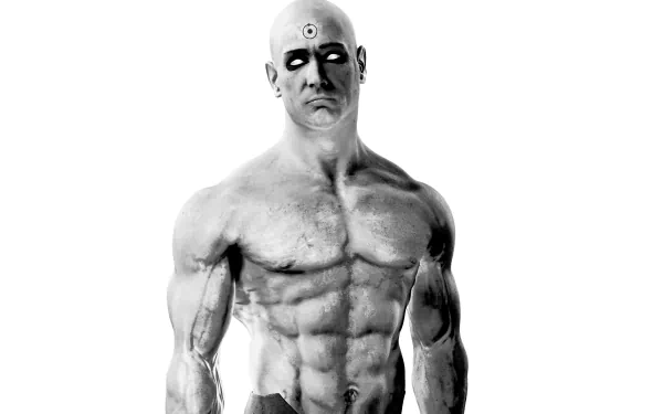 A striking HD wallpaper featuring Greg Plitt as Doctor Manhattan from the movie Watchmen, showcasing his muscular physique against a minimalist backdrop.