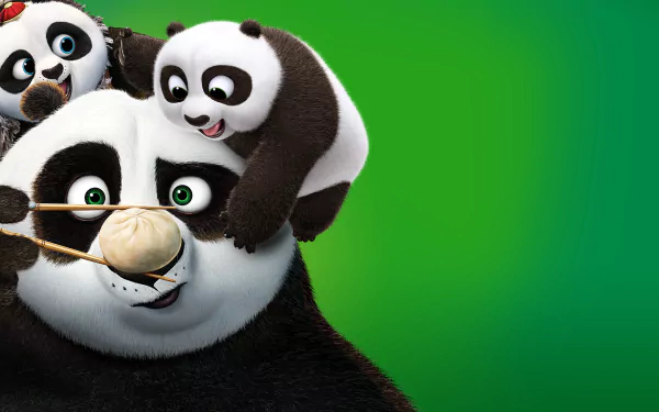HD desktop wallpaper from the movie Kung Fu Panda 3 features Po with two playful panda cubs against a vibrant green background.