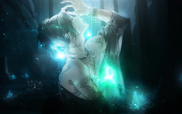 HD wallpaper of Uta from Tokyo Ghoul, featuring a dark, mystical background with glowing elements.