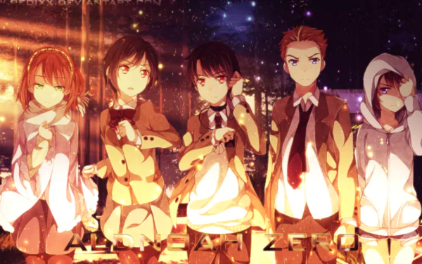 HD anime desktop wallpaper featuring characters from Aldnoah.Zero standing together with a glowing, warm background under a starry night sky.