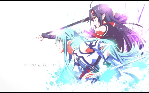 Anime HD PC desktop wallpaper featuring Asuna and Yuuki from Sword Art Online II in dynamic battle poses with glowing effects.