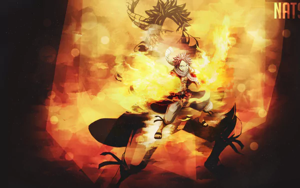 An HD desktop wallpaper featuring Natsu Dragneel from the anime Fairy Tail, surrounded by fiery flames in an action stance. The background is vivid with a dynamic mix of colors and light effects.