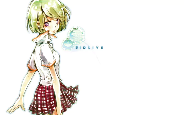 Misuzu Sonokata from élDLIVE in anime style, green-haired girl in a school uniform against white negative space — 4K Ultra HD PC desktop wallpaper and background.