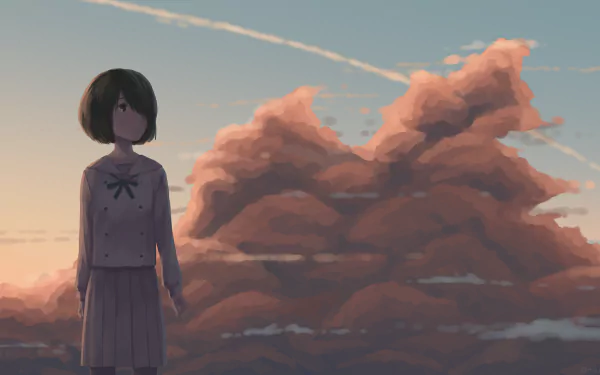 HD anime desktop wallpaper featuring Jun Naruse from The Anthem of the Heart standing against a dramatic sky with large, warm-colored clouds at sunset.