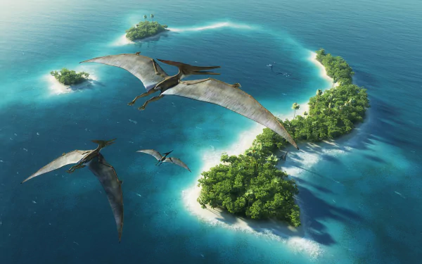 HD wallpaper depicting a group of pteranodons flying over a beautiful, lush island surrounded by clear blue sea water.