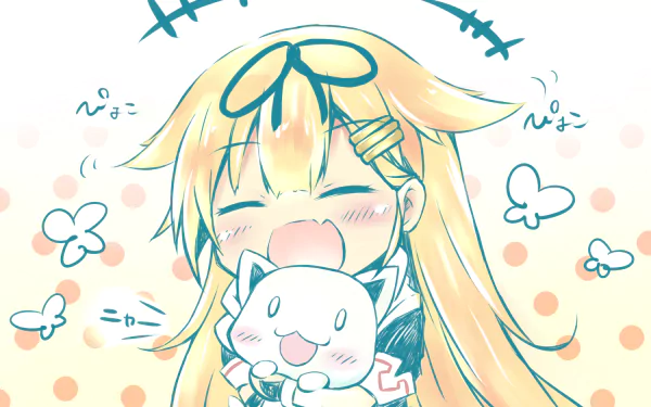 HD desktop wallpaper of Yuudachi from Kantai Collection, featuring an animated blonde girl with long hair and blush, cuddling a smiling cat. The background has a polka dot pattern with flying butterflies.
