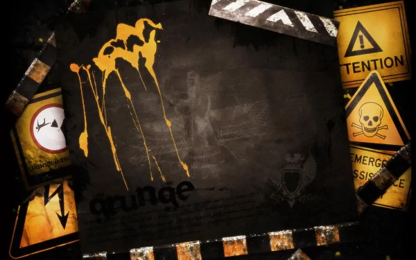 A textured, abstract HD desktop wallpaper featuring various caution signs, grunge elements, and splashes of yellow paint.