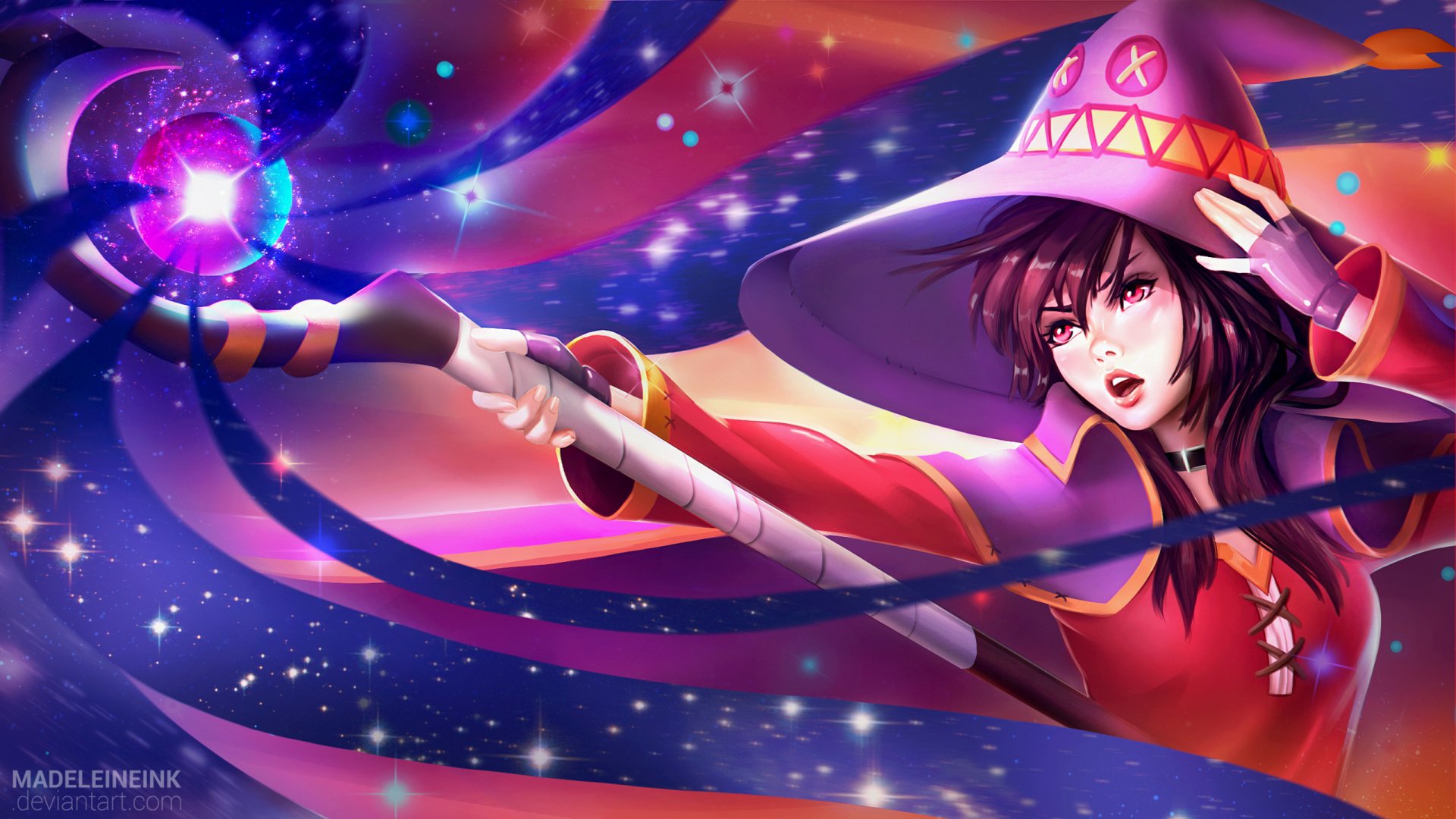 A vibrant HD wallpaper featuring Megumin from KonoSuba, capturing her dynamic pose with a spell, set against a colorful, swirling background inspired by KonoSuba - God’s Blessing on This Wonderful World!!.