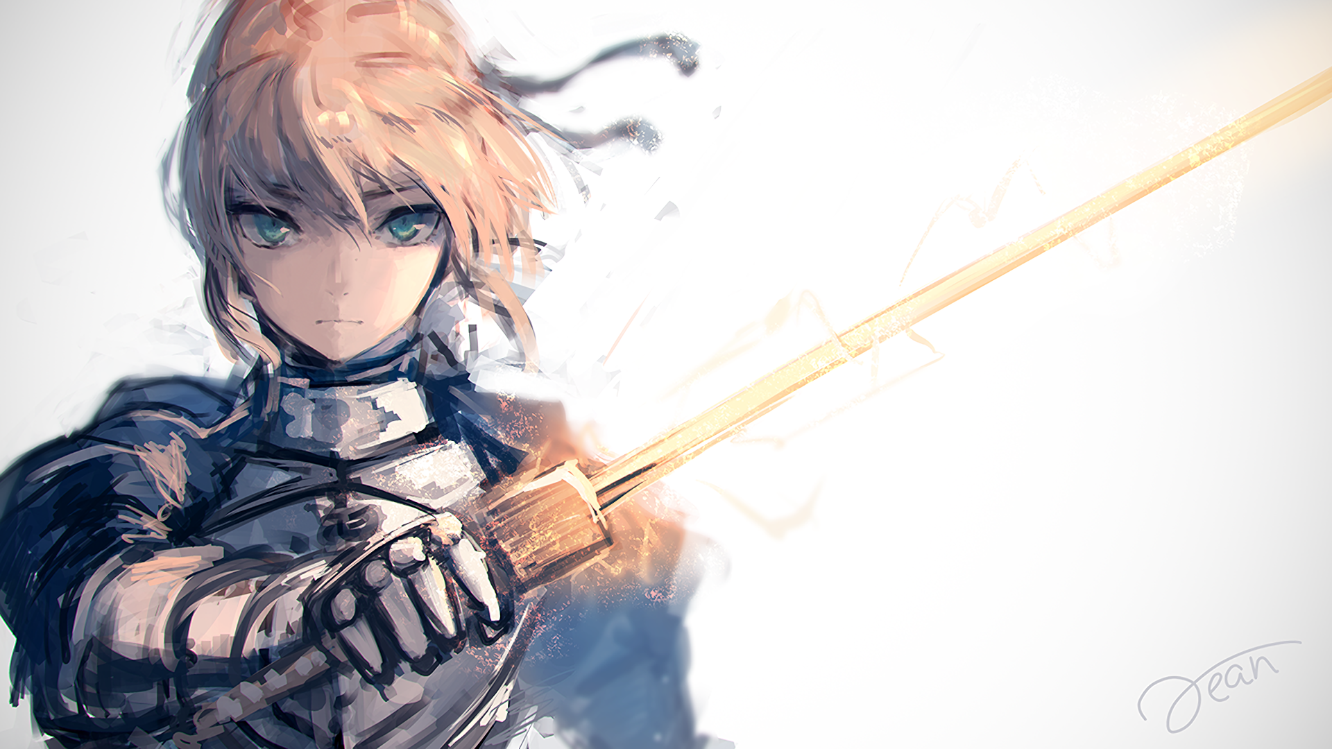HD desktop wallpaper featuring Saber from the Fate Series. The image showcases Saber in her armor, wielding a glowing sword, with an intense and determined expression.