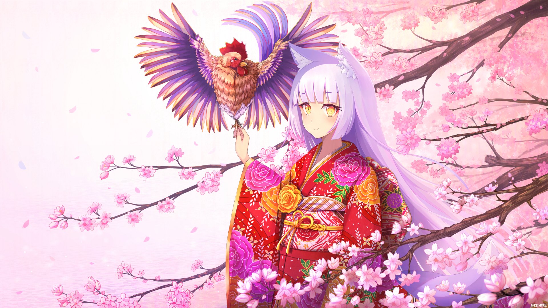 Anime girl in a colorful kimono with long lavender hair holds a bird, surrounded by cherry blossoms. HD desktop wallpaper and background.