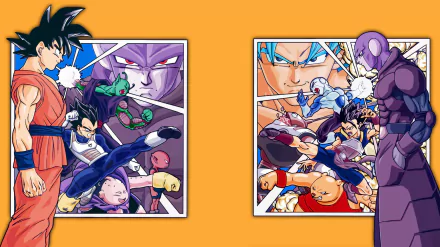 Dynamic HD wallpaper featuring Goku and Hit from Dragon Ball Super, showcasing intense action with iconic characters in vibrant colors on an orange background.