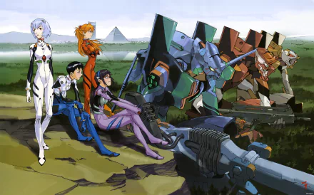 HD wallpaper featuring characters Mari Makinami Illustrious, Rei Ayanami, Asuka Langley Sohryu, and Shinji Ikari from Evangelion: 2.0 You Can (Not) Advance, with a robot and landscapes in the background.