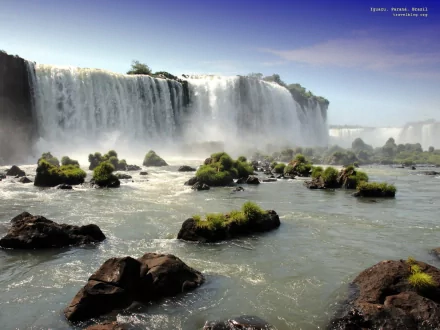 HD desktop wallpaper showcasing the majestic Iguazu Falls surrounded by lush greenery and flowing water under a clear blue sky.