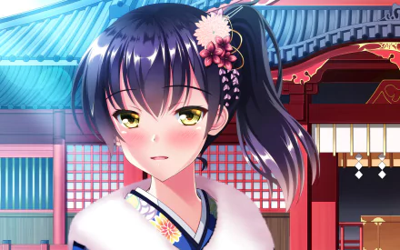 HD PC desktop wallpaper featuring Kaga from Kantai Collection in detailed anime style with traditional Japanese architecture in the background.