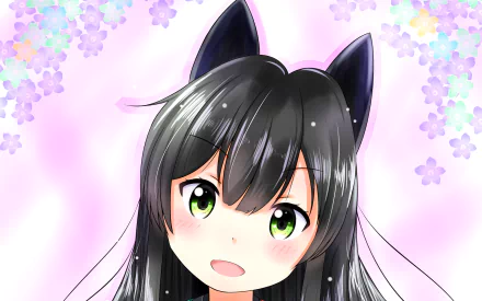 HD anime desktop wallpaper featuring a close-up of Urara Meirochō character with black cat ears, green eyes, and a soft pink floral background.