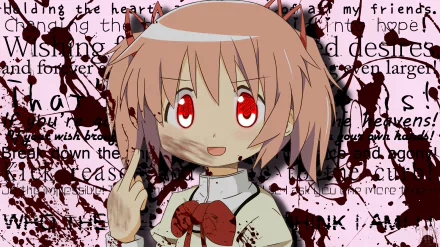 HD anime desktop wallpaper featuring Madoka Kaname from Puella Magi Madoka Magica with a dark, text-filled background and her signature pink hair and red eyes.
