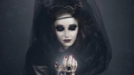 HD PC desktop wallpaper: dark fantasy vampire witch in a black veil, pale face with heavy dark eye makeup, red lipstick and nails, cradling a glowing orb as a moody background.