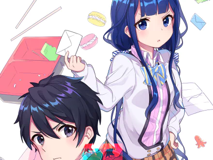 HD desktop wallpaper featuring Masamune Makabe and Aki Adagaki from the anime Masamune-kun's Revenge. The characters are depicted amid scattered letters and snack boxes, showcasing colorful and detailed artwork.