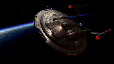 HD desktop wallpaper featuring the starship Enterprise from the TV show Star Trek: Enterprise orbiting a planet in deep space.