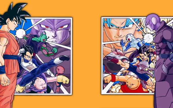 Dynamic HD wallpaper featuring Goku and Hit from Dragon Ball Super, showcasing intense action with iconic characters in vibrant colors on an orange background.