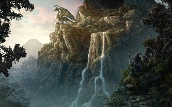 Fantasy Dragon Mountain Rock Tree Waterfall Troll HD Wallpaper | Background Image